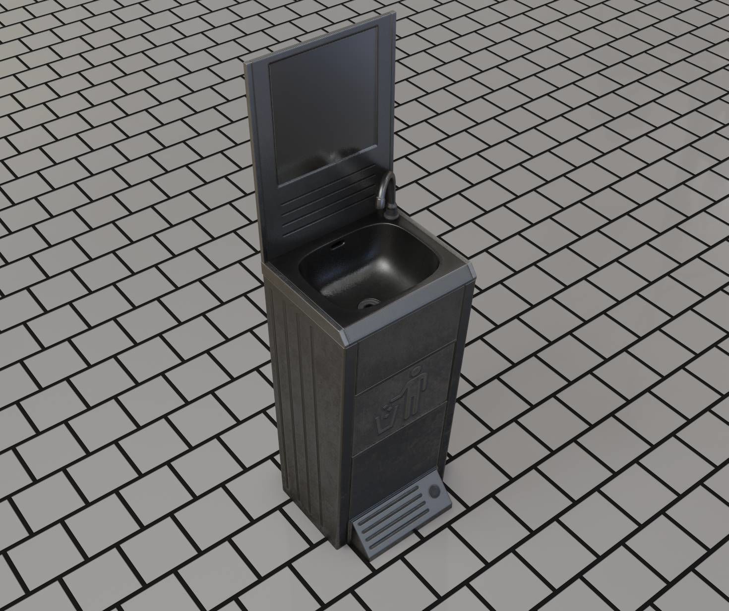 Public Metal Sink - 25 - with Mirror and Trashcan Low-poly 3D model_88