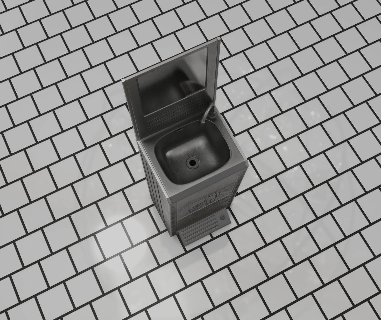 Public Metal Sink - 25 - with Mirror and Trashcan Low-poly 3D model_51