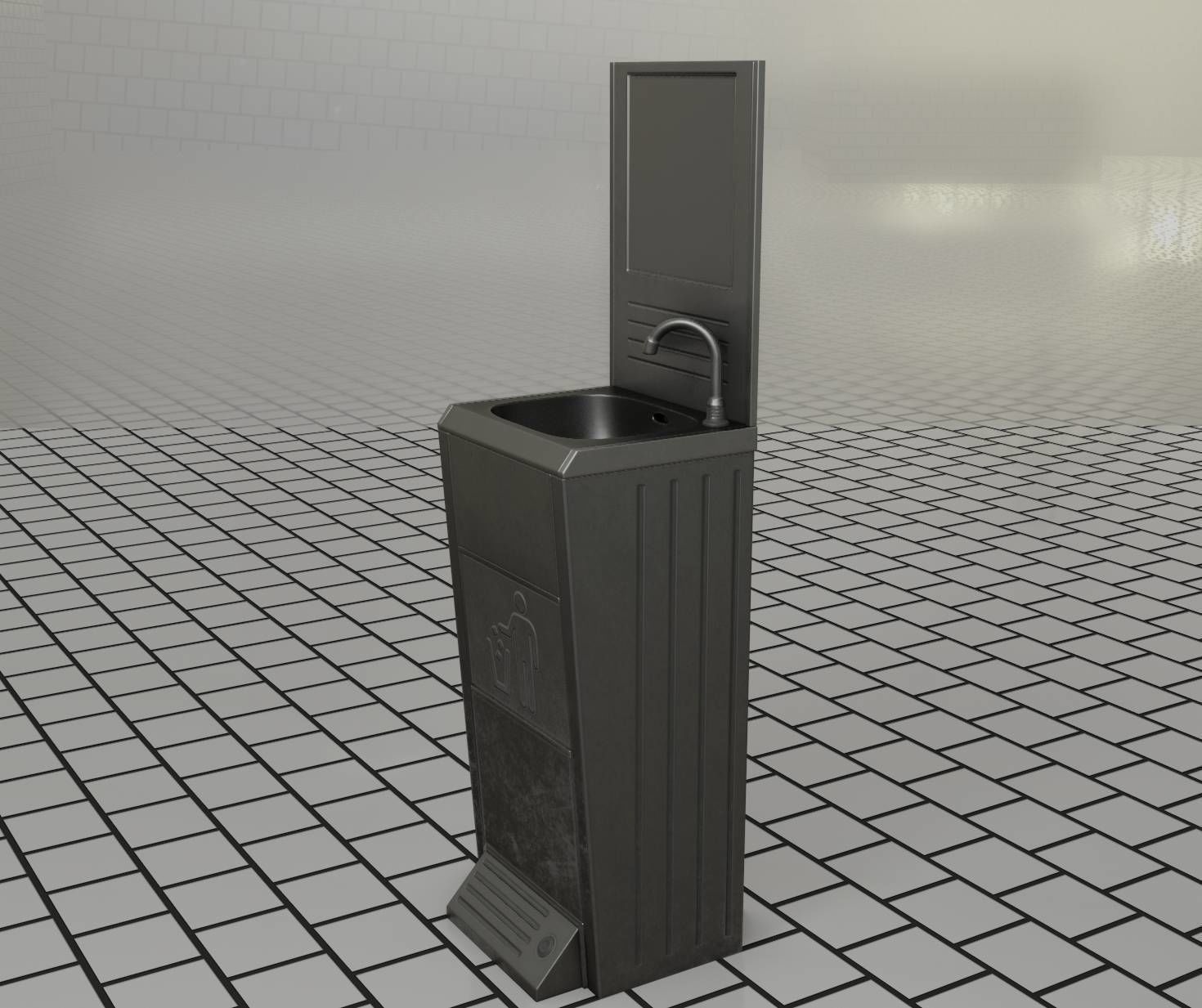 Public Metal Sink - 25 - with Mirror and Trashcan Low-poly 3D model_93