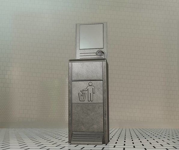 Public Metal Sink - 25 - with Mirror and Trashcan Low-poly 3D model