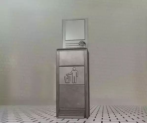 Public Metal Sink - 25 - with Mirror and Trashcan Low-poly 3D model