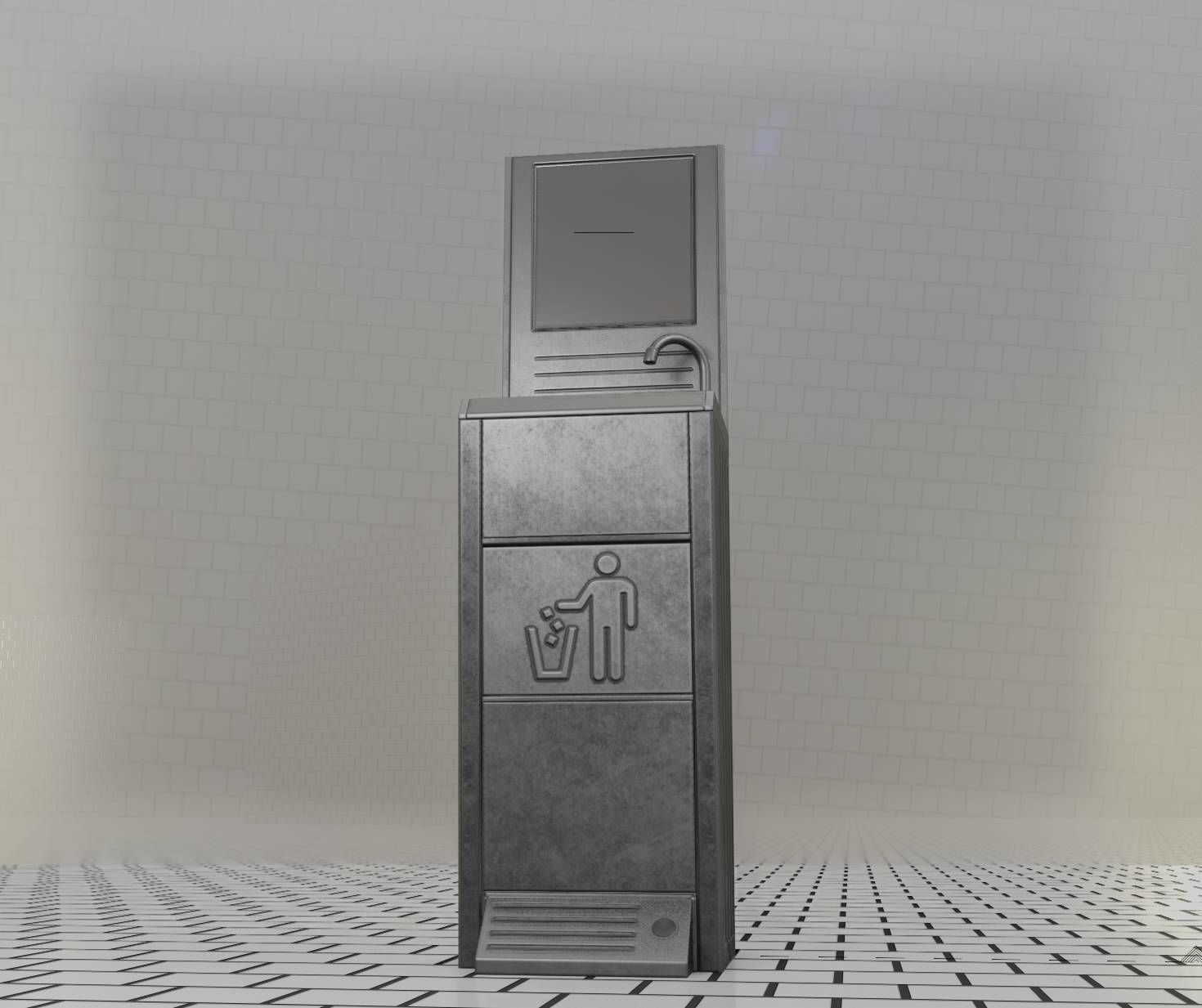 Public Metal Sink - 25 - with Mirror and Trashcan Low-poly 3D model_41