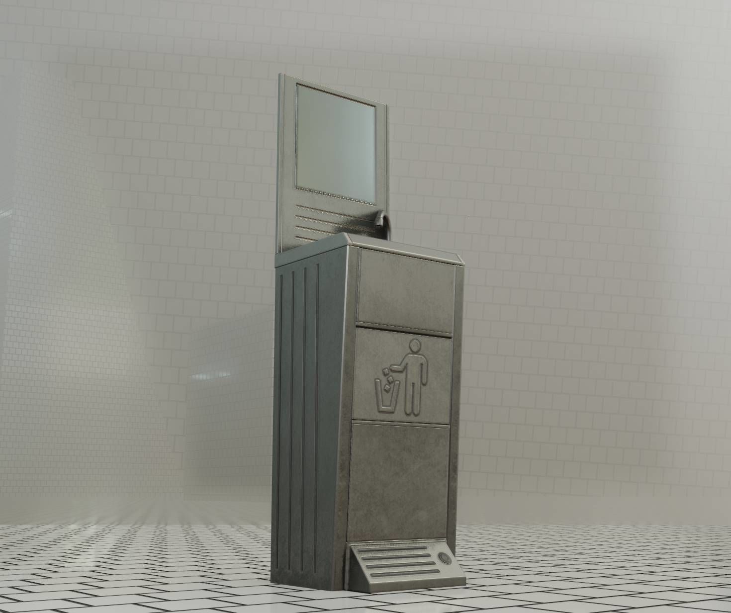 Public Metal Sink - 25 - with Mirror and Trashcan Low-poly 3D model_13
