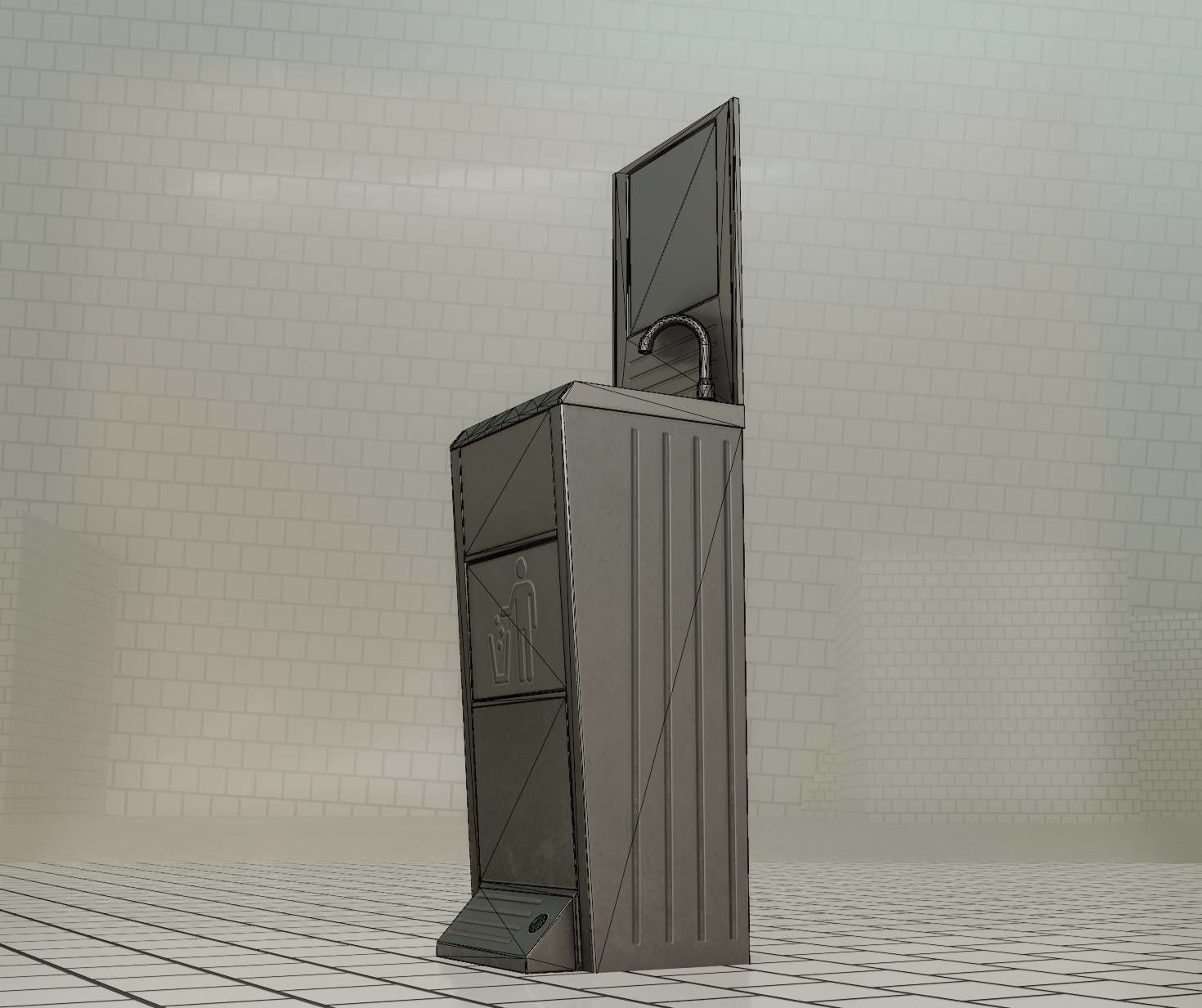 Public Metal Sink - 25 - with Mirror and Trashcan Low-poly 3D model_12