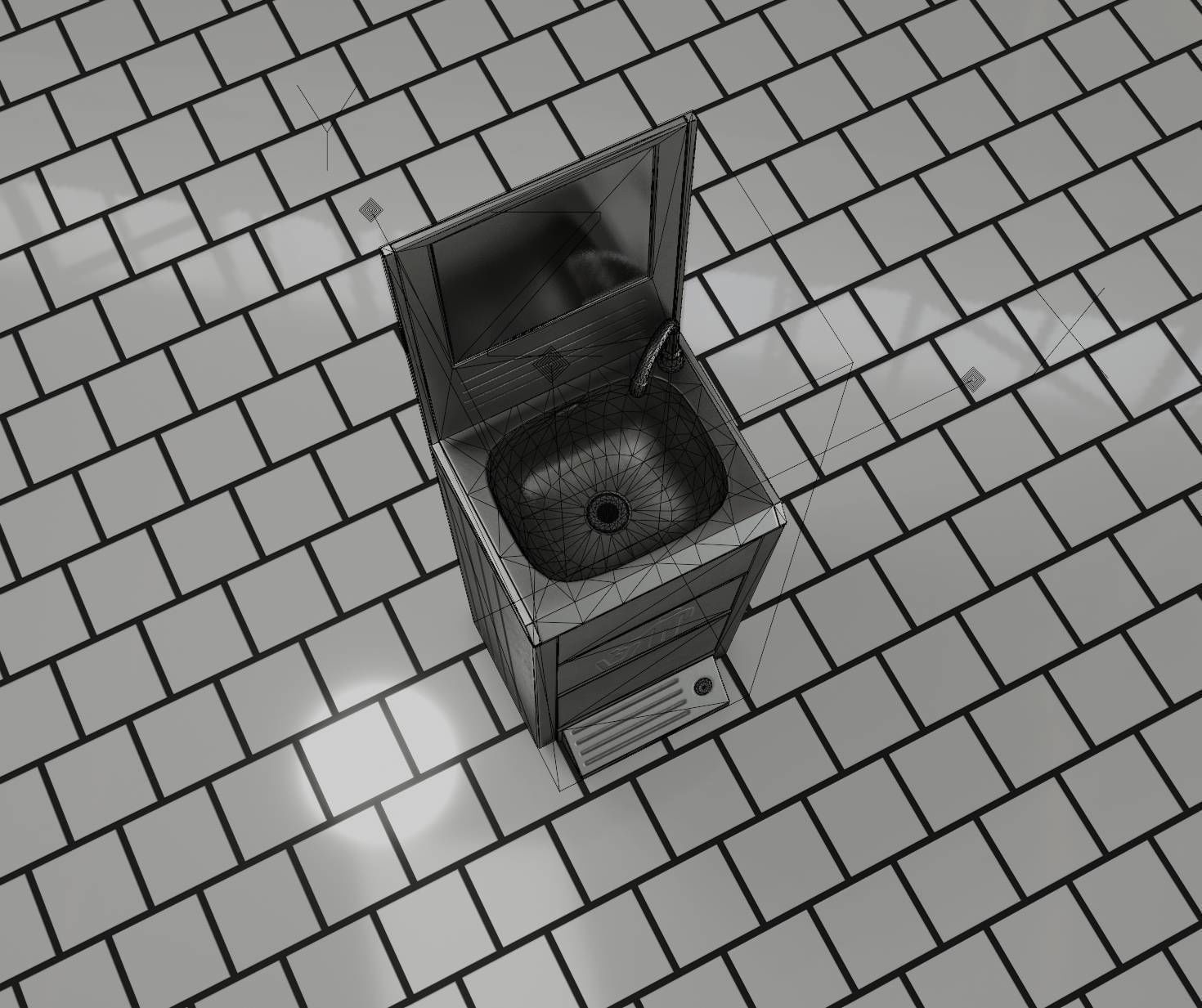 Public Metal Sink - 25 - with Mirror and Trashcan Low-poly 3D model_82