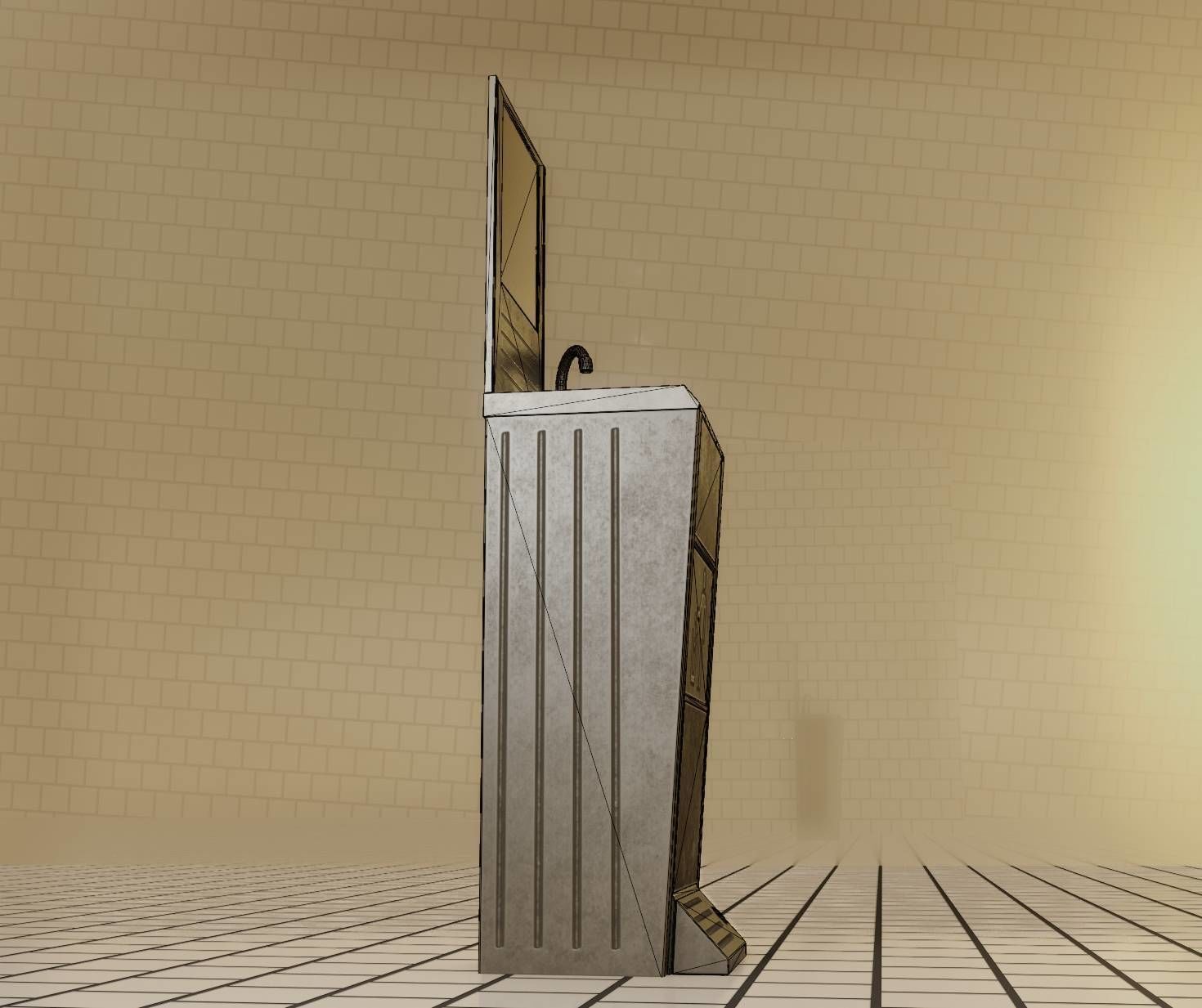Public Metal Sink - 25 - with Mirror and Trashcan Low-poly 3D model_43