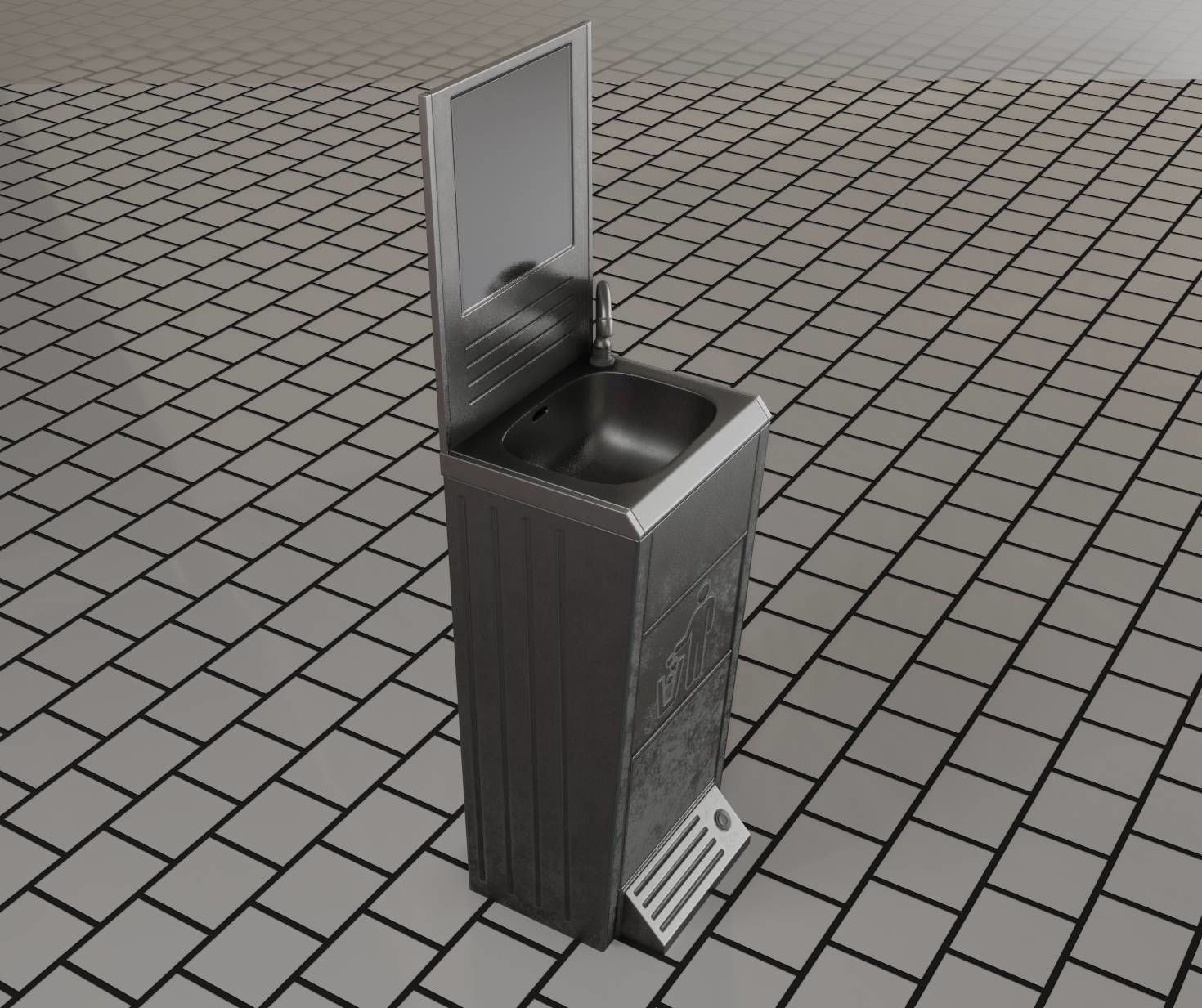 Public Metal Sink - 25 - with Mirror and Trashcan Low-poly 3D model_83