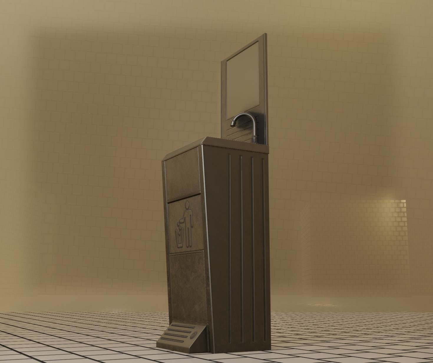 Public Metal Sink - 25 - with Mirror and Trashcan Low-poly 3D model_71