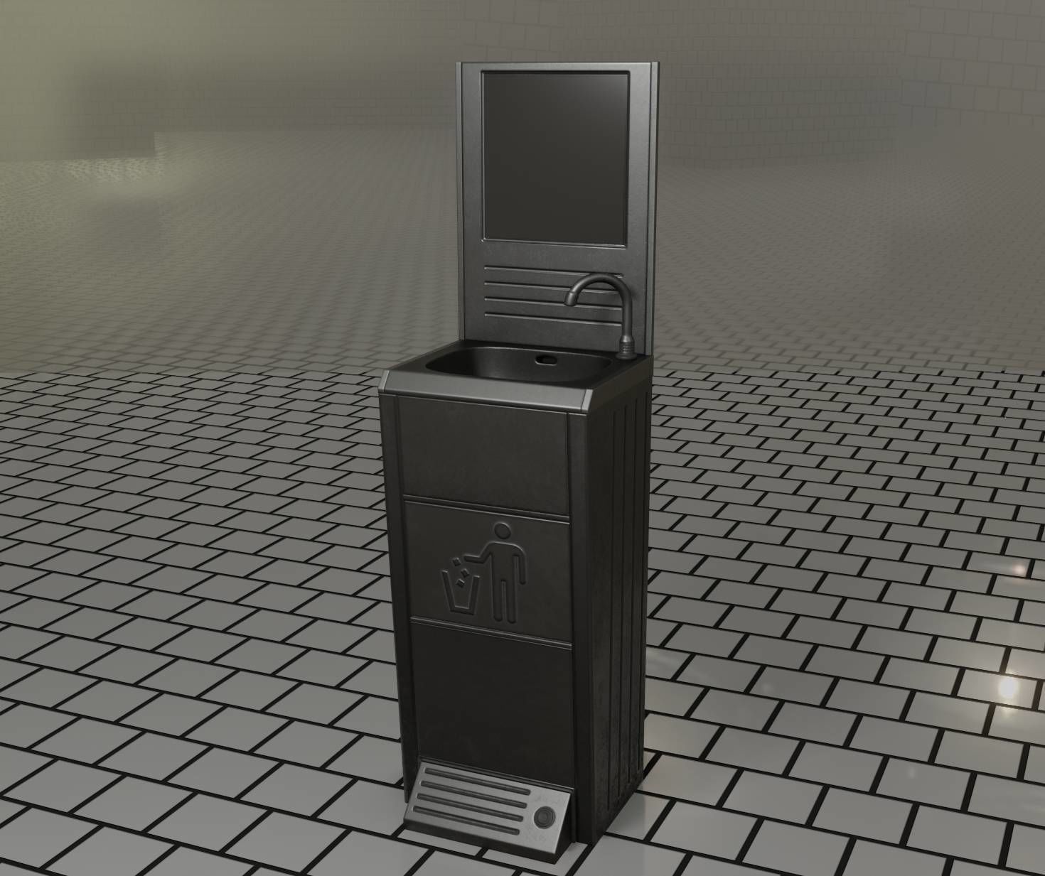 Public Metal Sink - 25 - with Mirror and Trashcan Low-poly 3D model_4