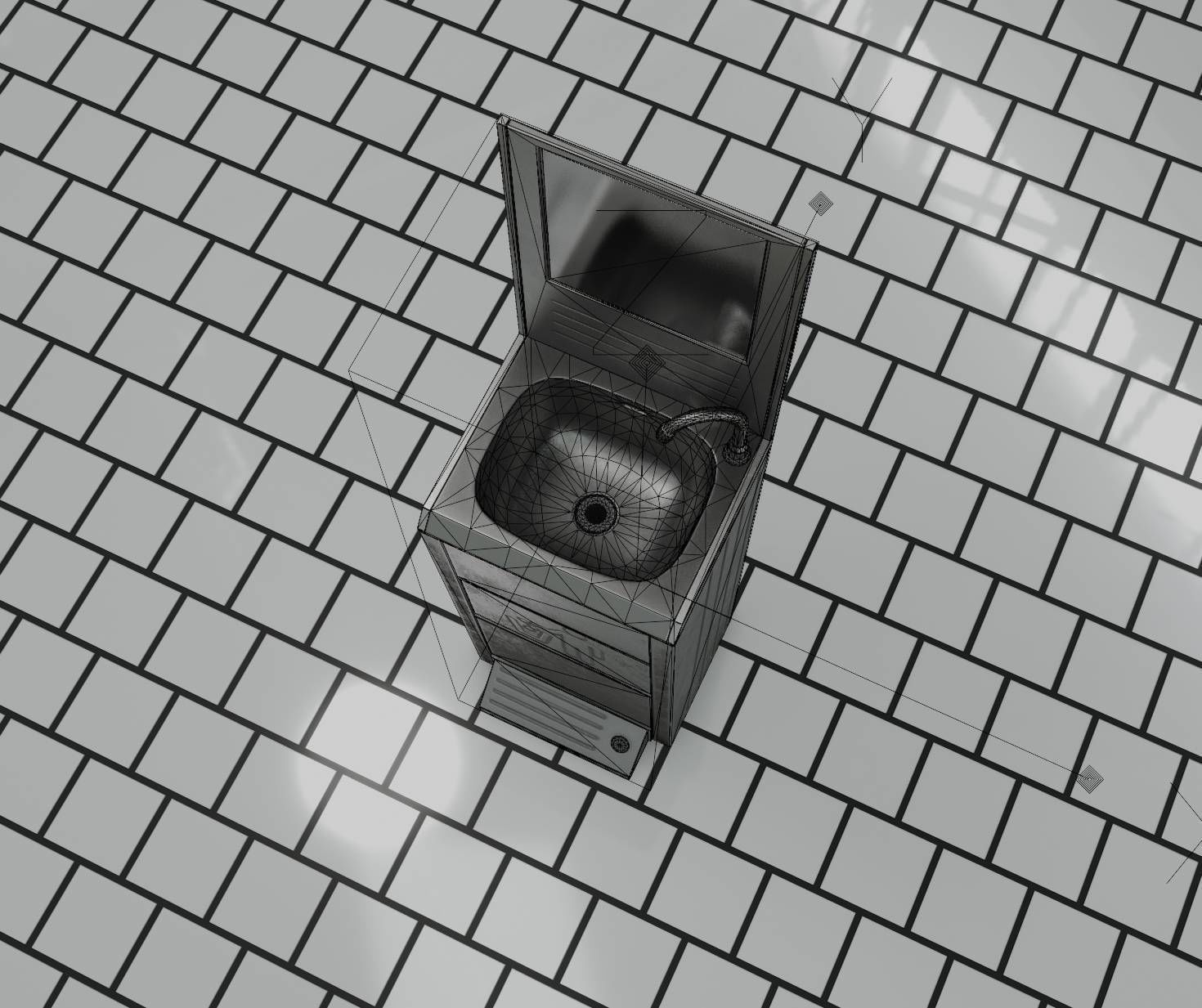 Public Metal Sink - 25 - with Mirror and Trashcan Low-poly 3D model_81
