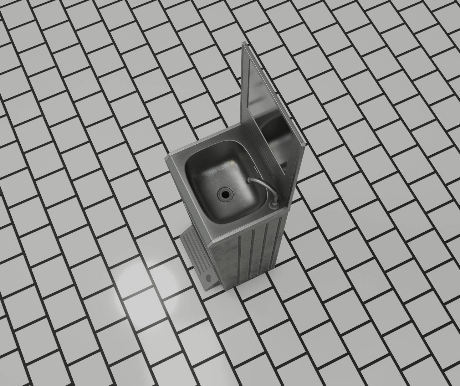 Public Metal Sink - 25 - with Mirror and Trashcan Low-poly 3D model_1