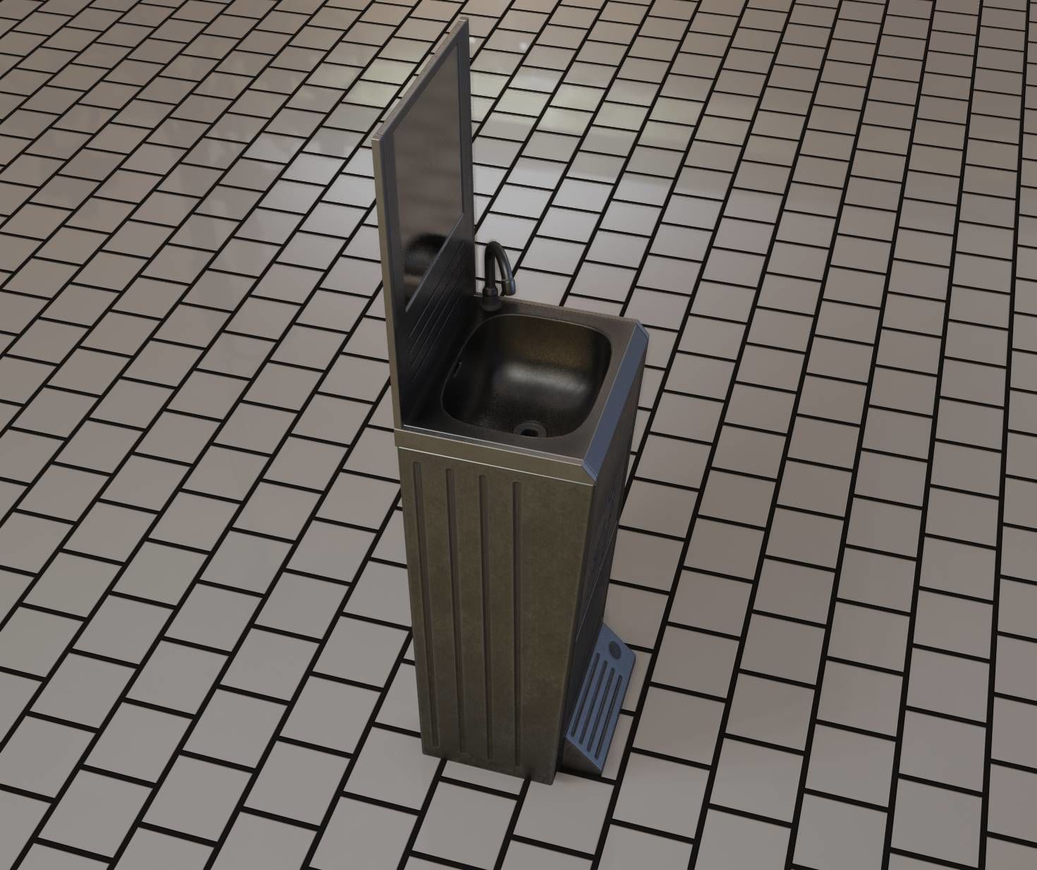 Public Metal Sink - 25 - with Mirror and Trashcan Low-poly 3D model_89