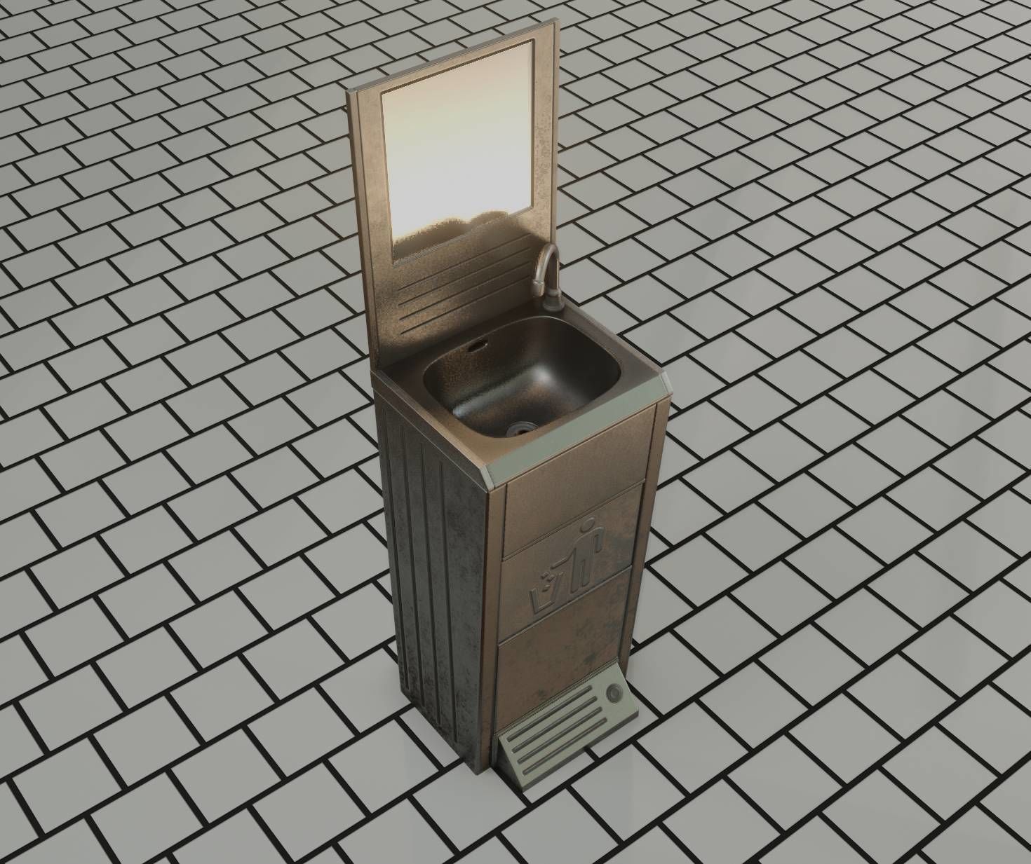 Public Metal Sink - 25 - with Mirror and Trashcan Low-poly 3D model_57
