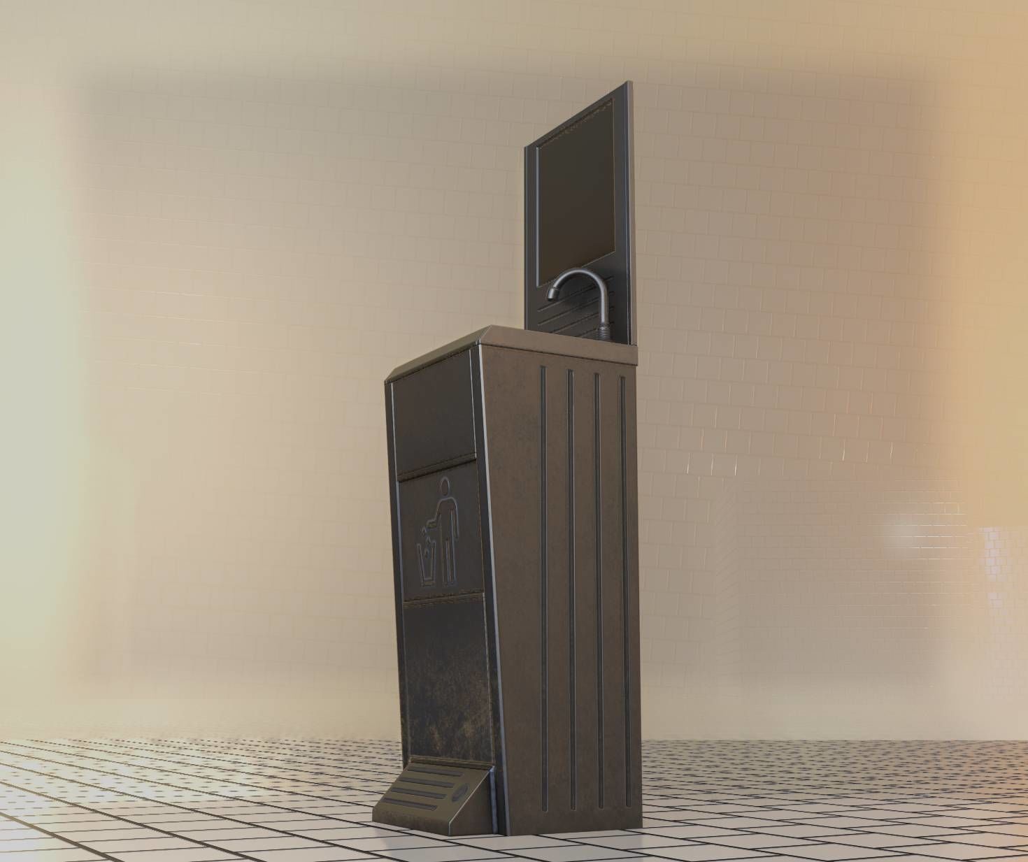 Public Metal Sink - 25 - with Mirror and Trashcan Low-poly 3D model_40