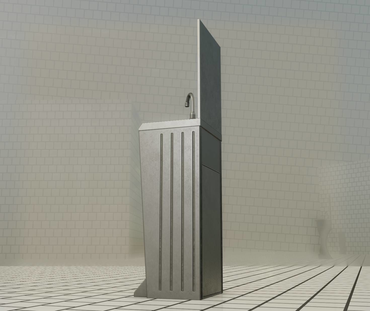 Public Metal Sink - 25 - with Mirror and Trashcan Low-poly 3D model_11