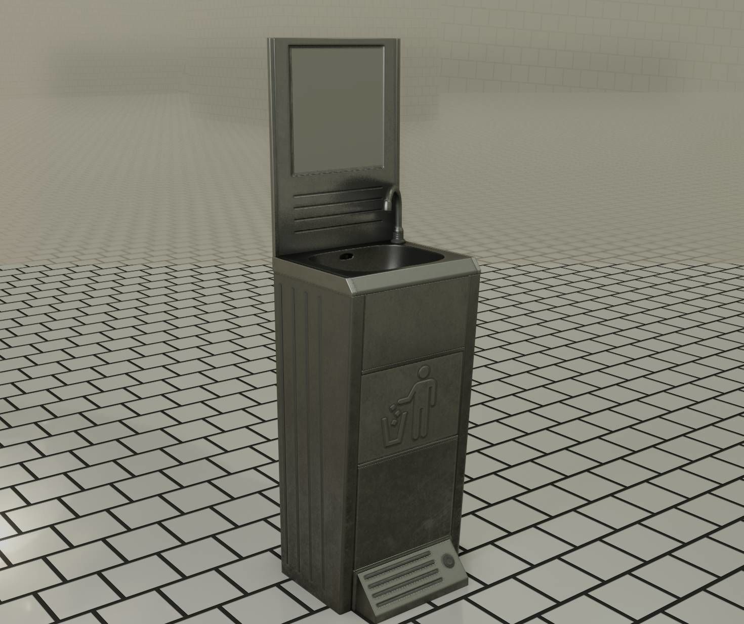 Public Metal Sink - 25 - with Mirror and Trashcan Low-poly 3D model_95
