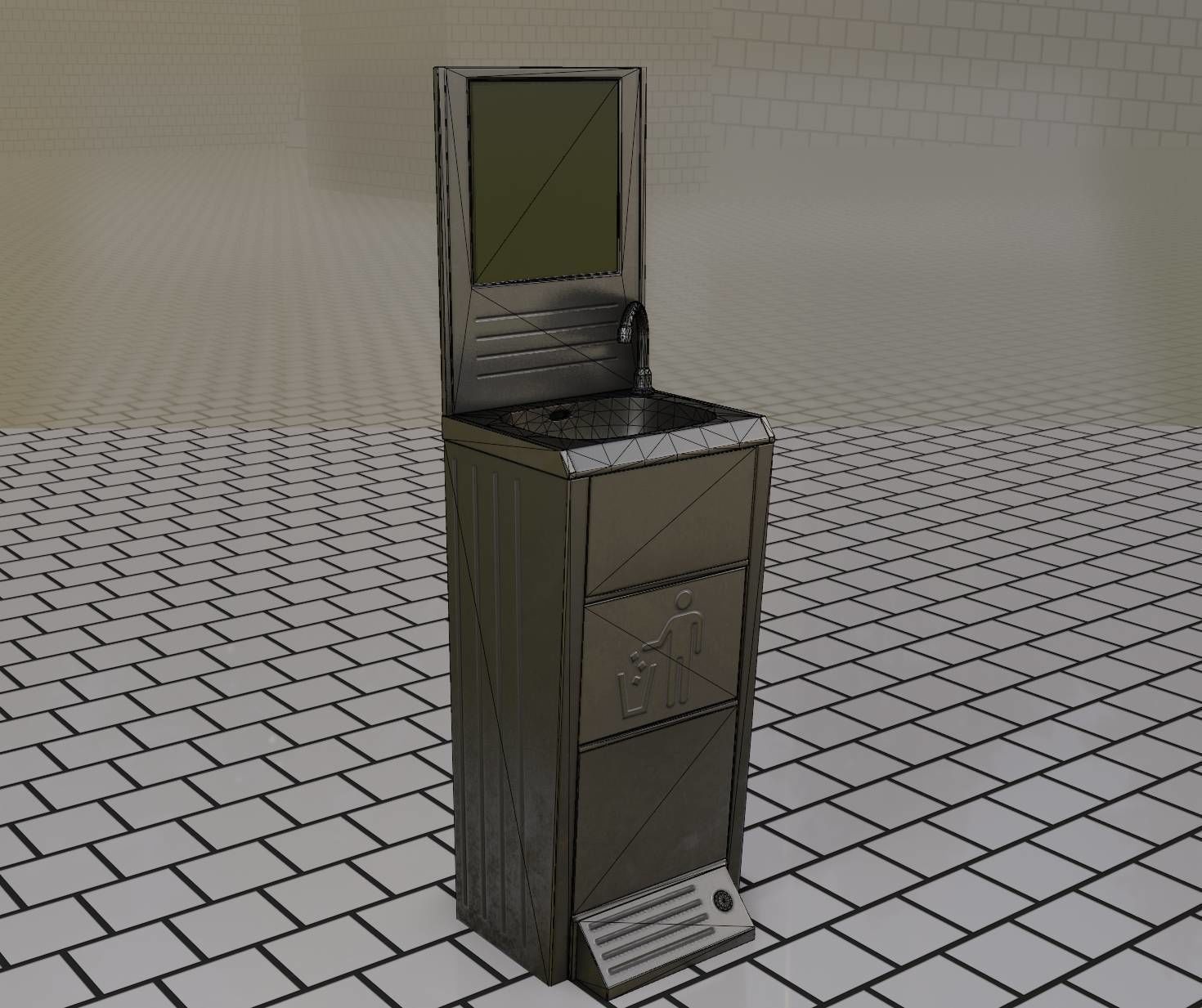 Public Metal Sink - 25 - with Mirror and Trashcan Low-poly 3D model_33