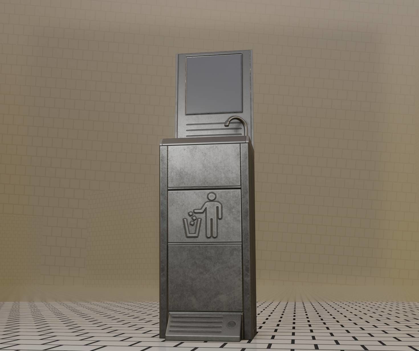 Public Metal Sink - 25 - with Mirror and Trashcan Low-poly 3D model_72