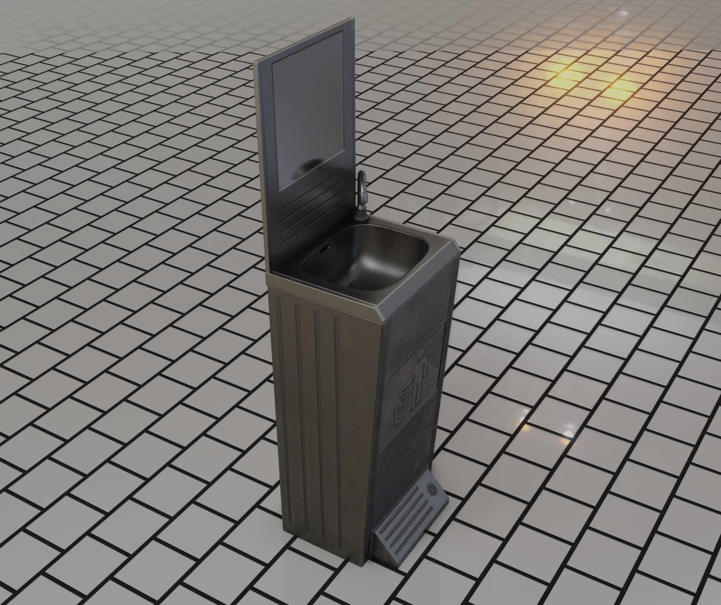 Public Metal Sink - 25 - with Mirror and Trashcan Low-poly 3D model_21