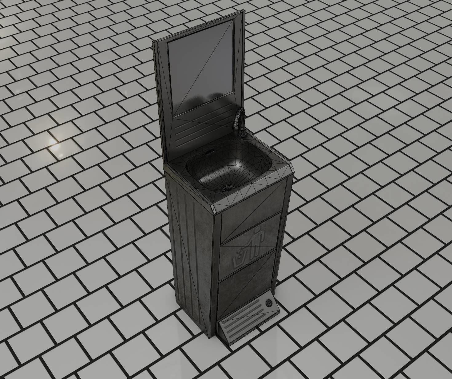 Public Metal Sink - 25 - with Mirror and Trashcan Low-poly 3D model_26