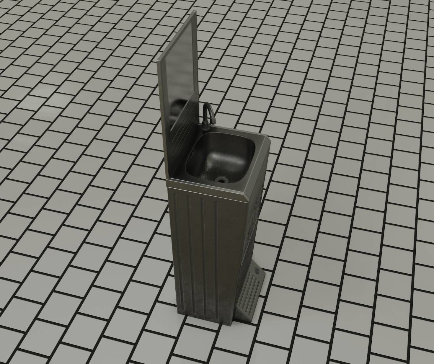Public Metal Sink - 25 - with Mirror and Trashcan Low-poly 3D model_27