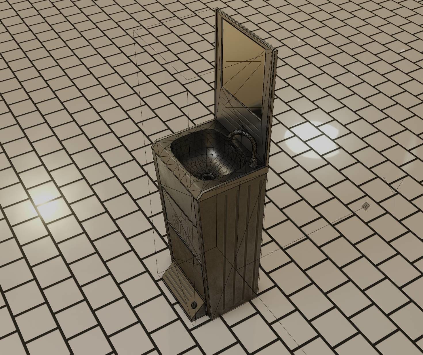 Public Metal Sink - 25 - with Mirror and Trashcan Low-poly 3D model_30
