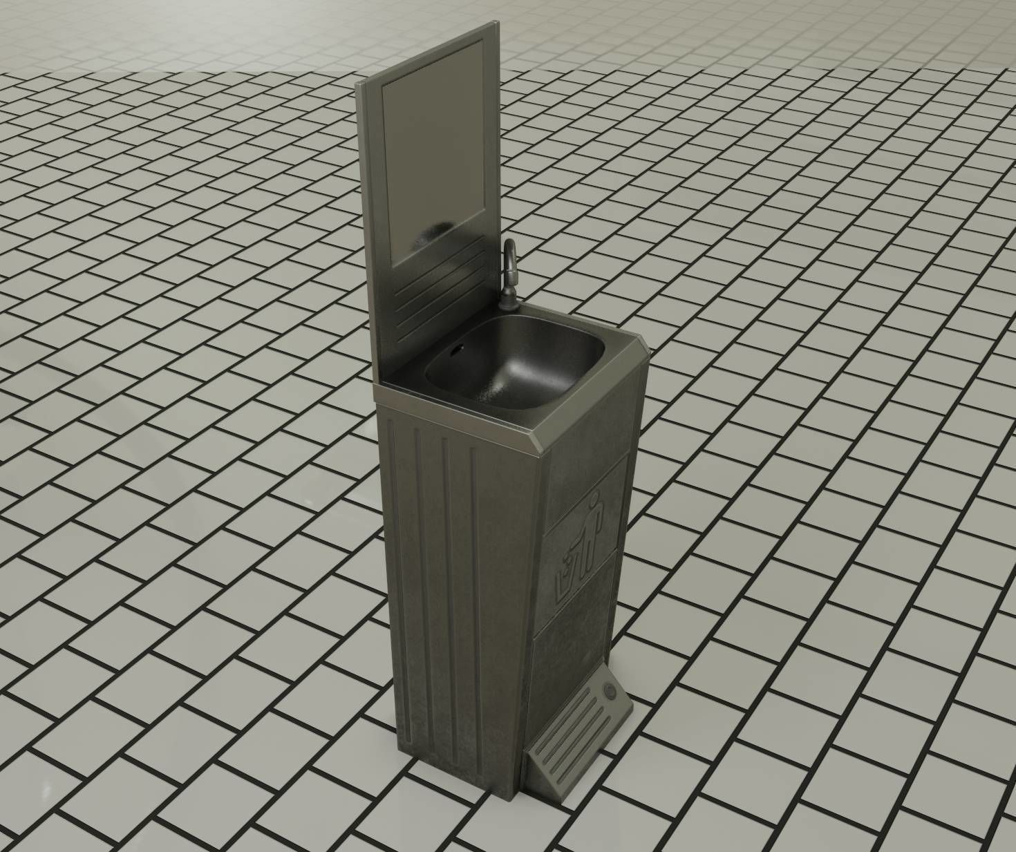 Public Metal Sink - 25 - with Mirror and Trashcan Low-poly 3D model_52