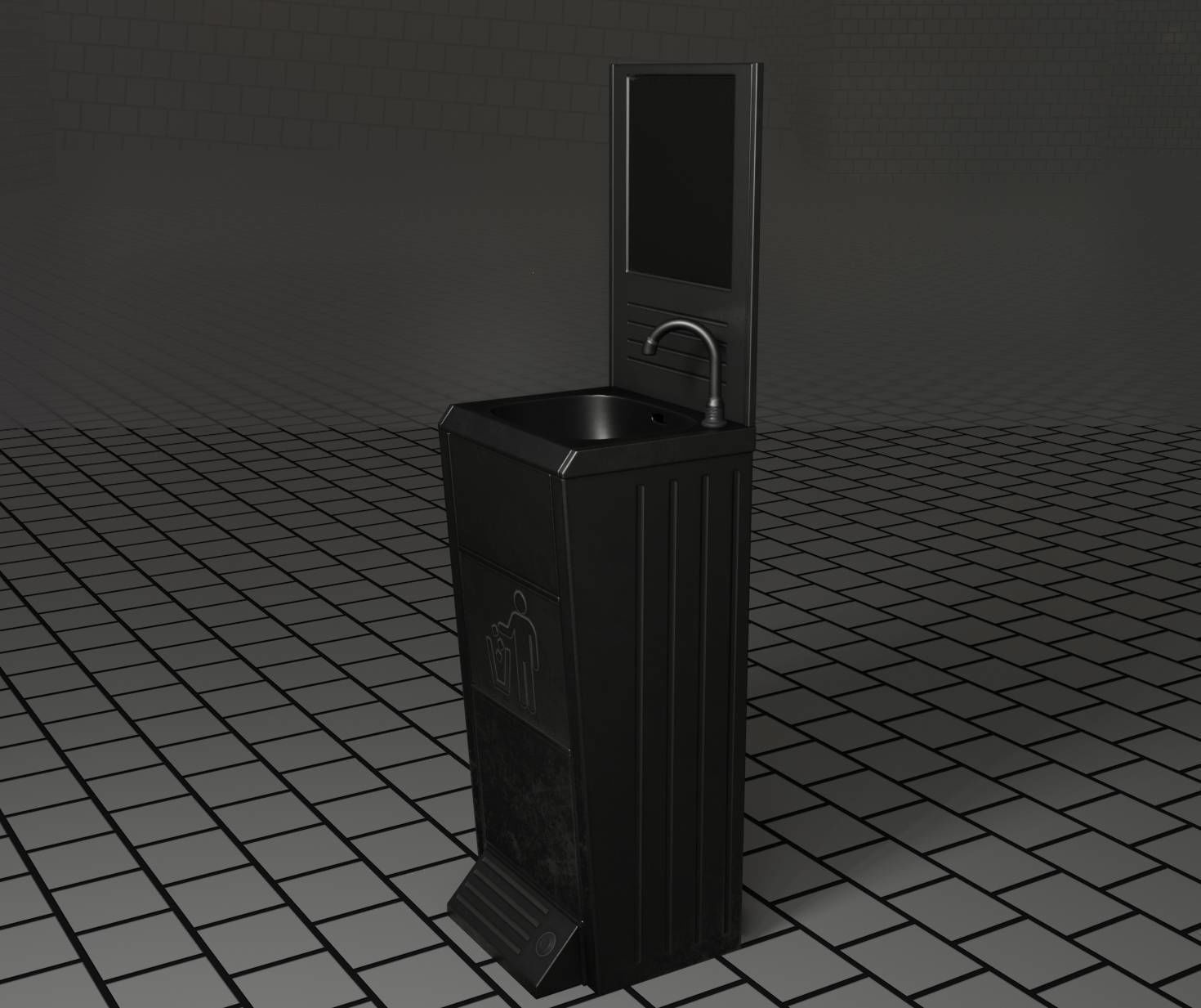 Public Metal Sink - 25 - with Mirror and Trashcan Low-poly 3D model_62