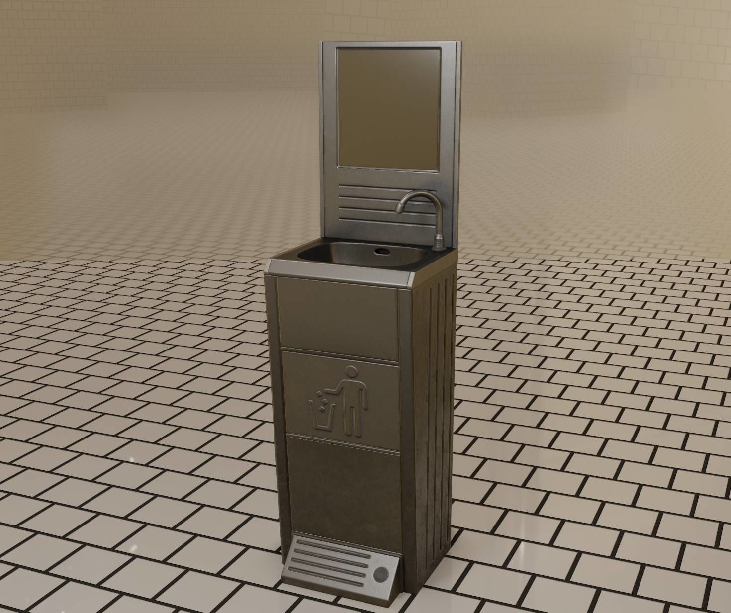 Public Metal Sink - 25 - with Mirror and Trashcan Low-poly 3D model_32