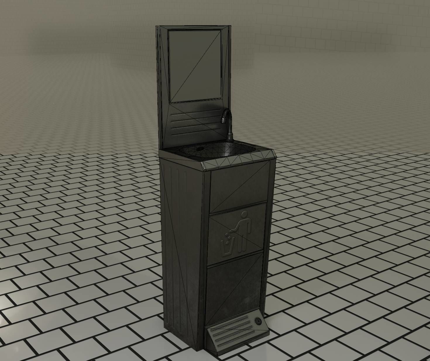 Public Metal Sink - 25 - with Mirror and Trashcan Low-poly 3D model_5