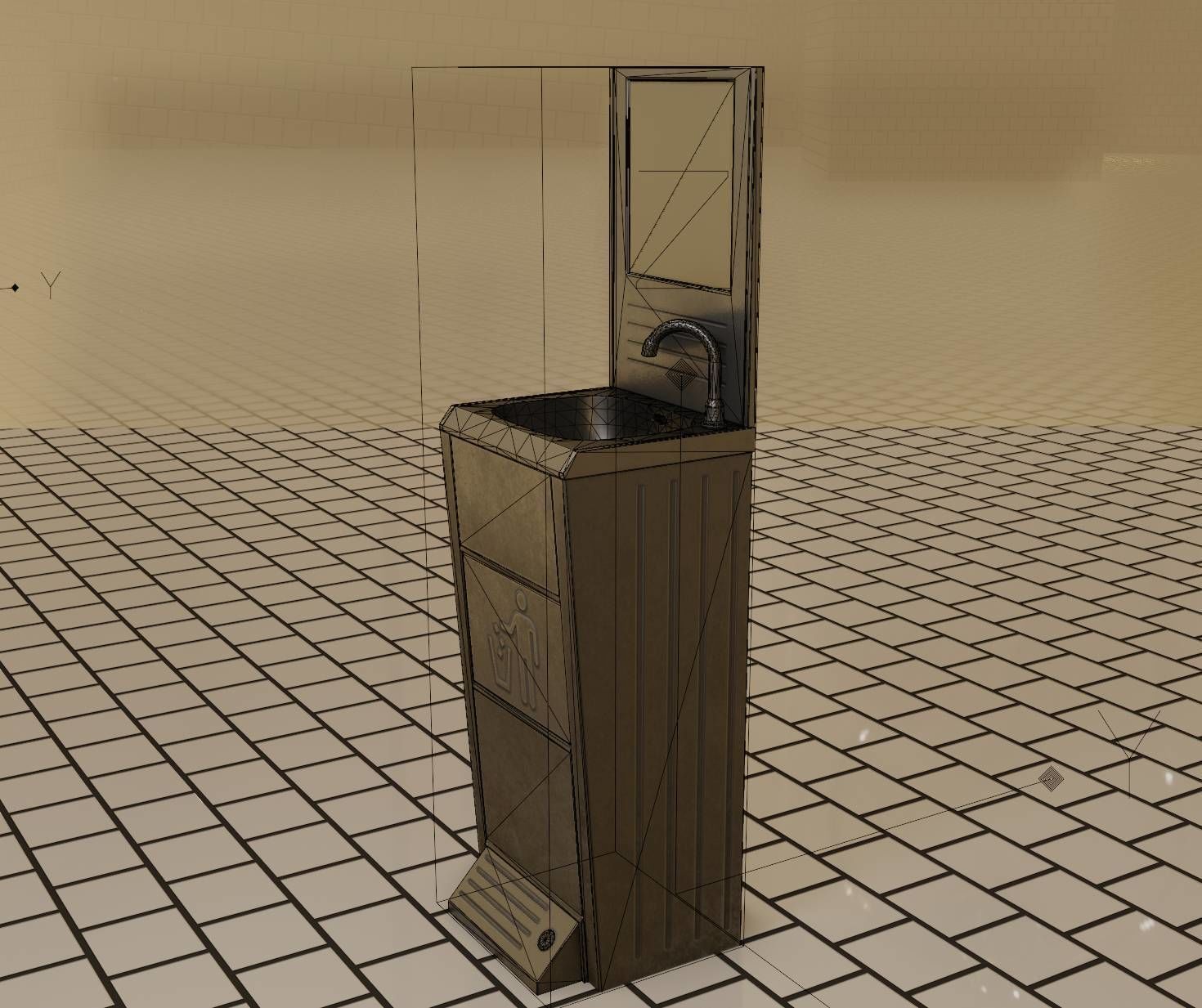 Public Metal Sink - 25 - with Mirror and Trashcan Low-poly 3D model_31