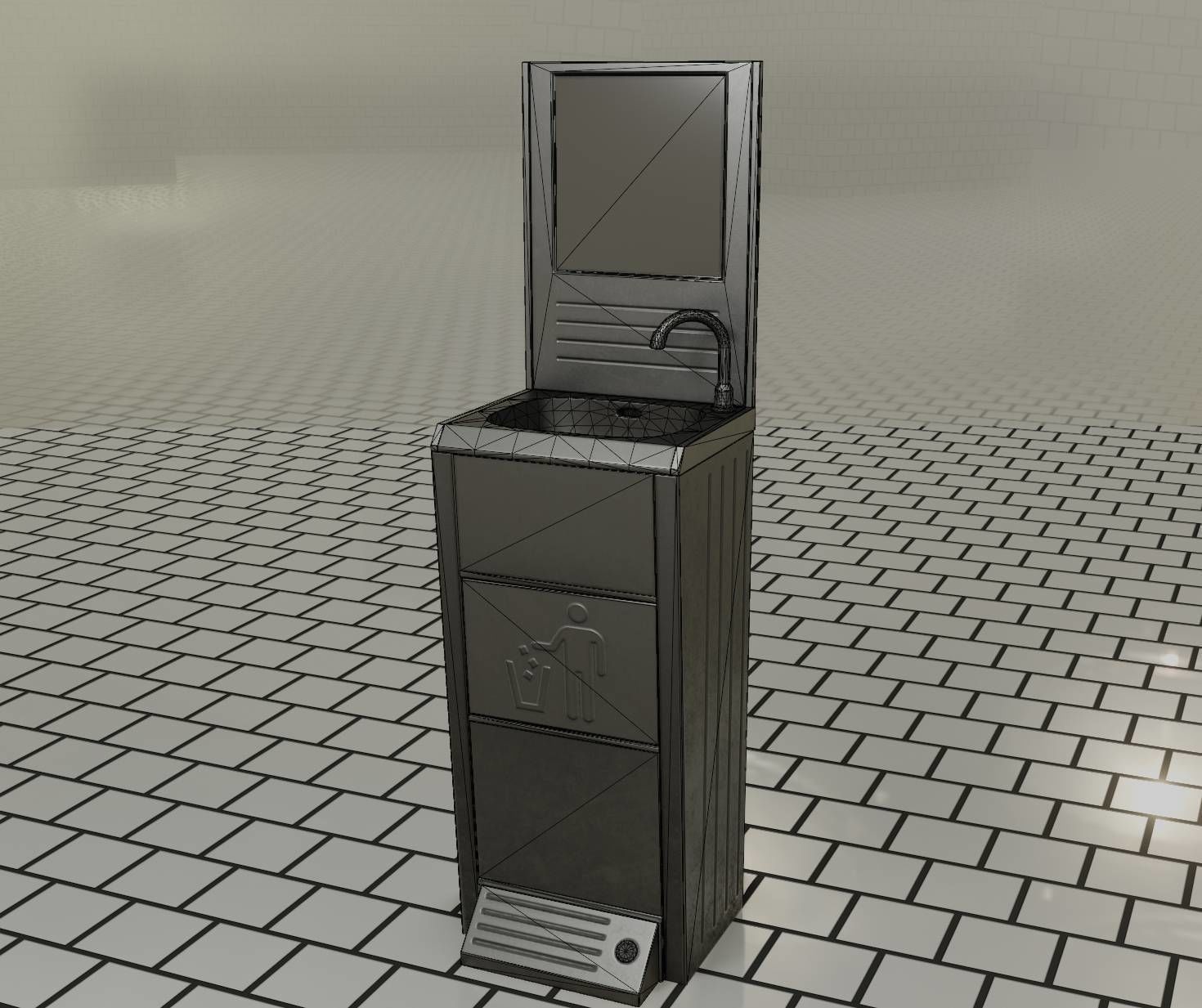 Public Metal Sink - 25 - with Mirror and Trashcan Low-poly 3D model_94