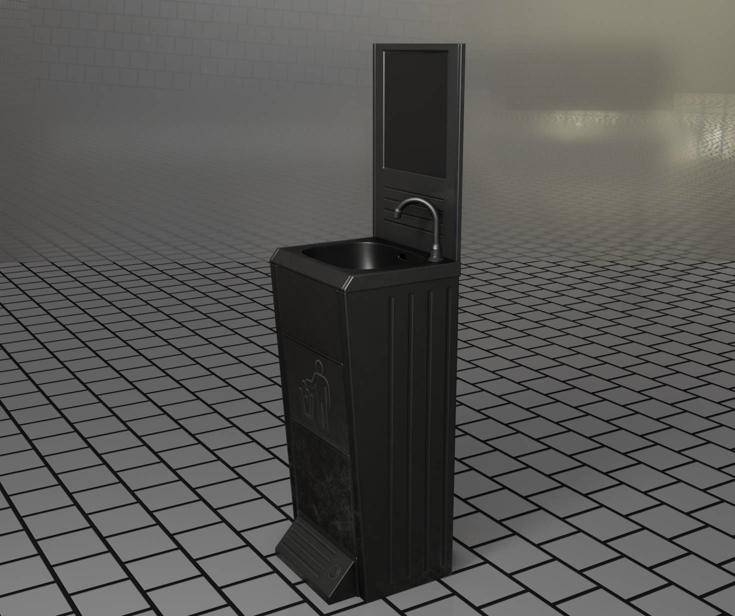 Public Metal Sink - 25 - with Mirror and Trashcan Low-poly 3D model_3