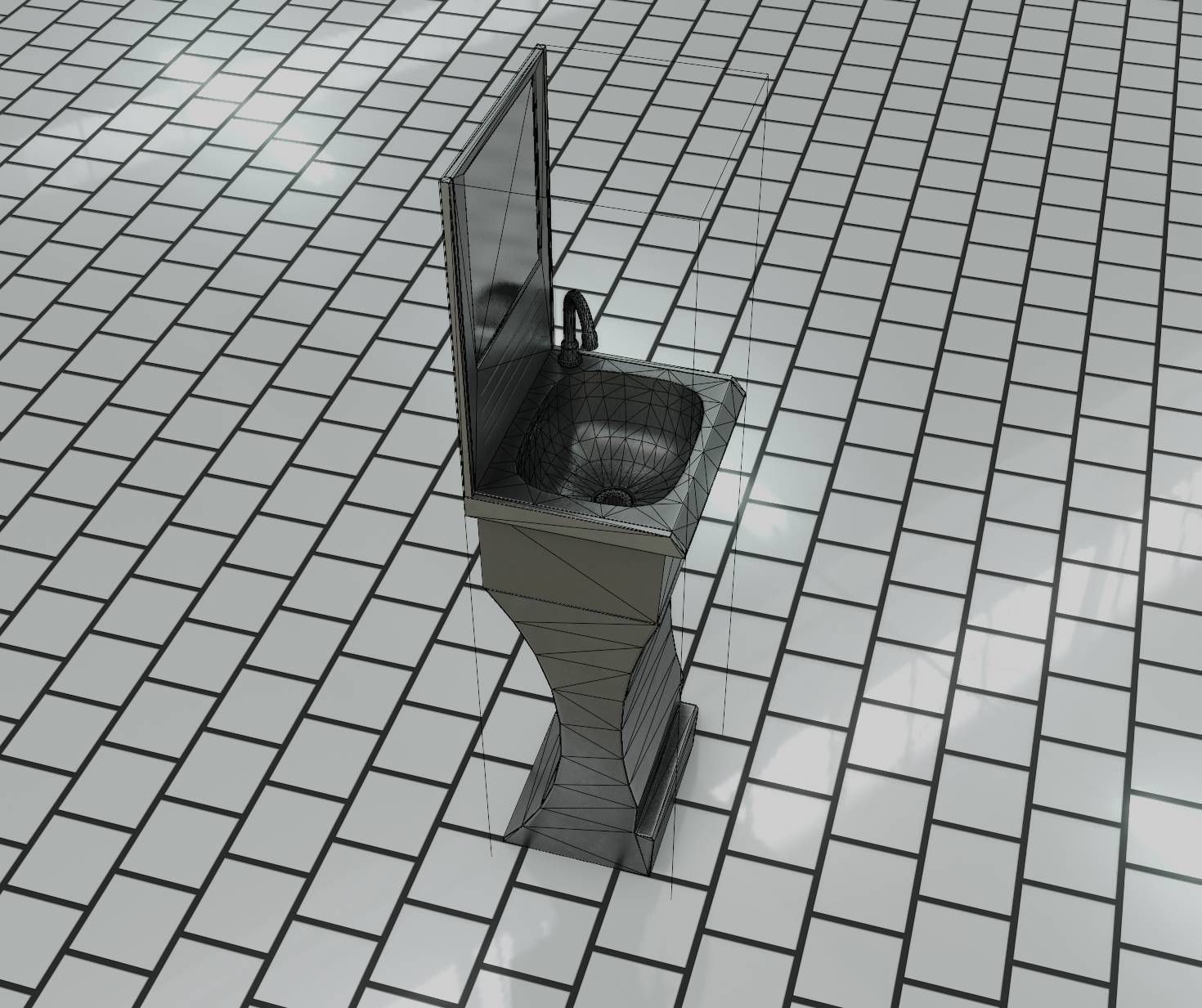 Futuristic Public Metal Sink - 24 - with Mirror Low-poly 3D model_9