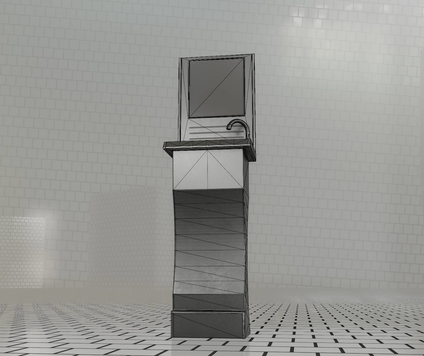 Futuristic Public Metal Sink - 24 - with Mirror Low-poly 3D model_49