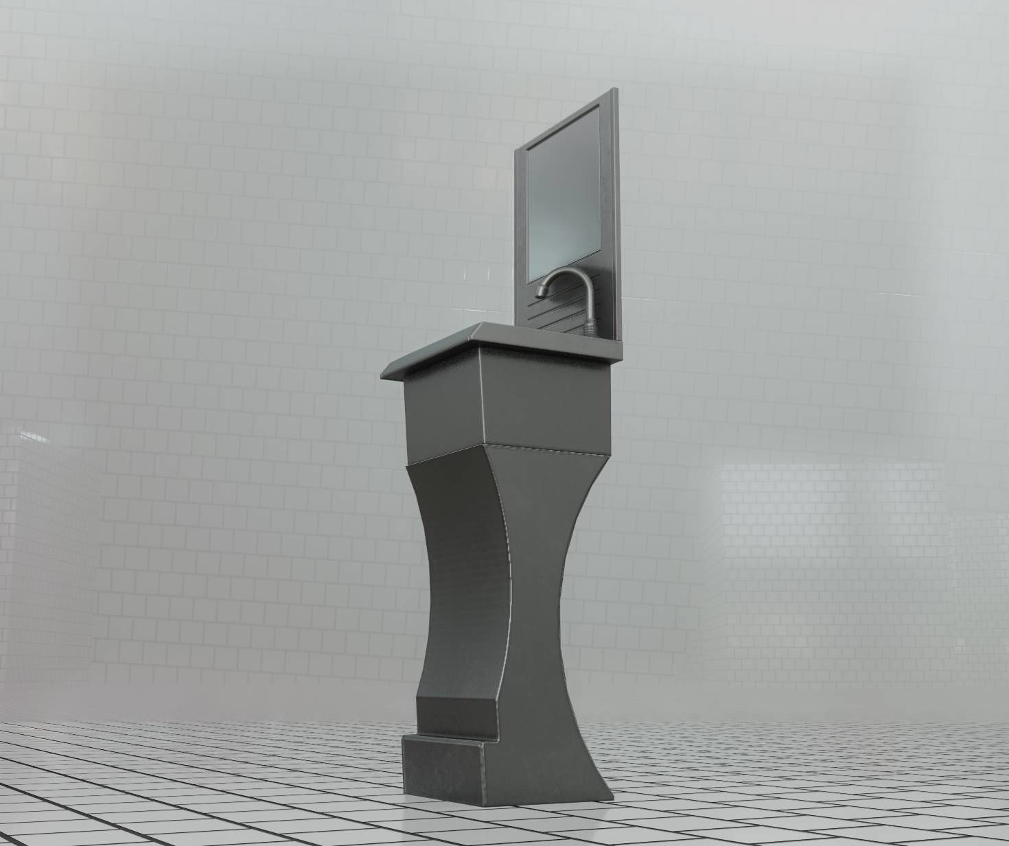 Futuristic Public Metal Sink - 24 - with Mirror Low-poly 3D model_48