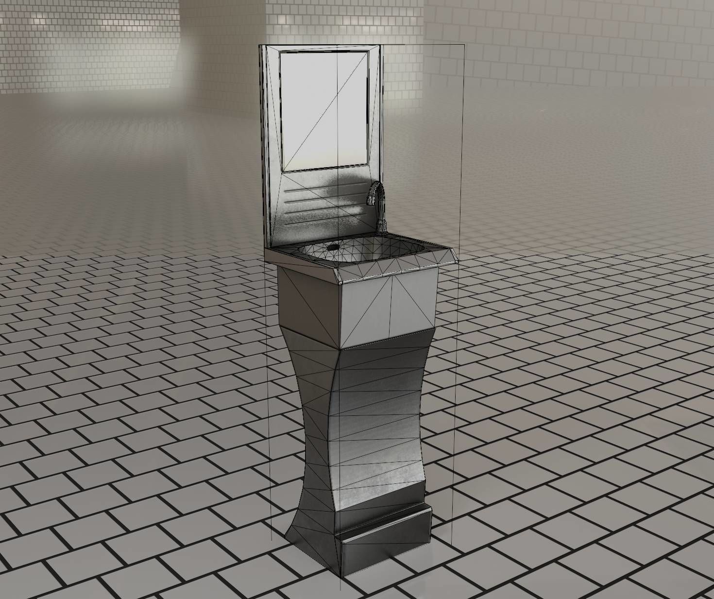 Futuristic Public Metal Sink - 24 - with Mirror Low-poly 3D model_71