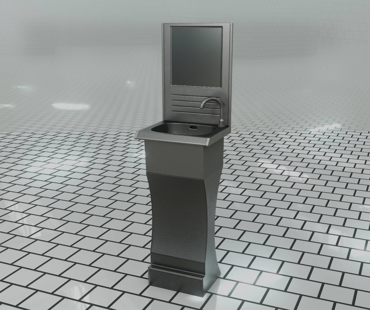 Futuristic Public Metal Sink - 24 - with Mirror Low-poly 3D model_70