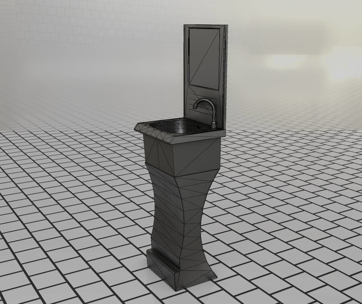 Futuristic Public Metal Sink - 24 - with Mirror Low-poly 3D model_13