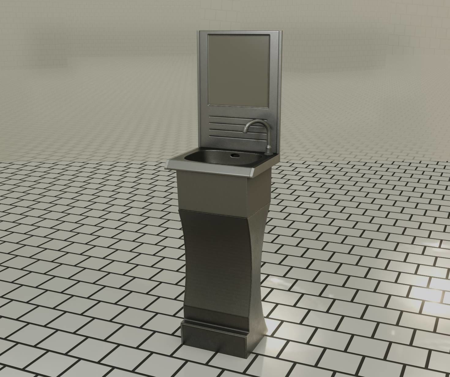 Futuristic Public Metal Sink - 24 - with Mirror Low-poly 3D model_2