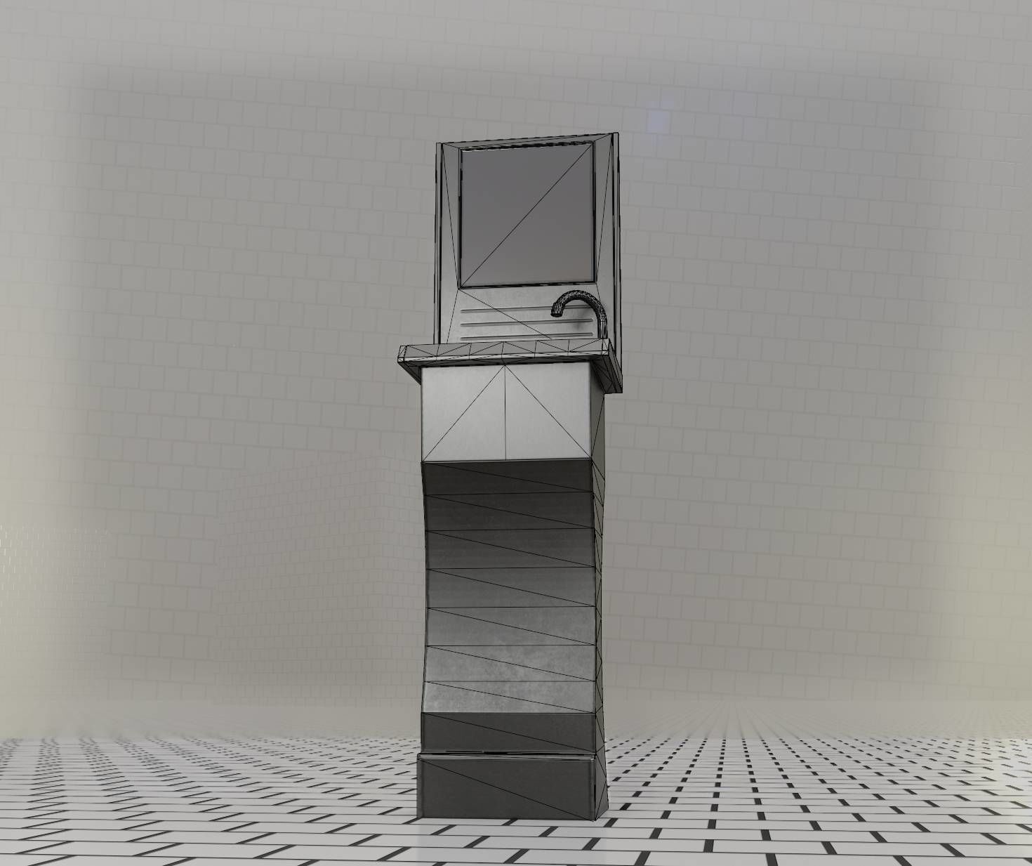 Futuristic Public Metal Sink - 24 - with Mirror Low-poly 3D model_5