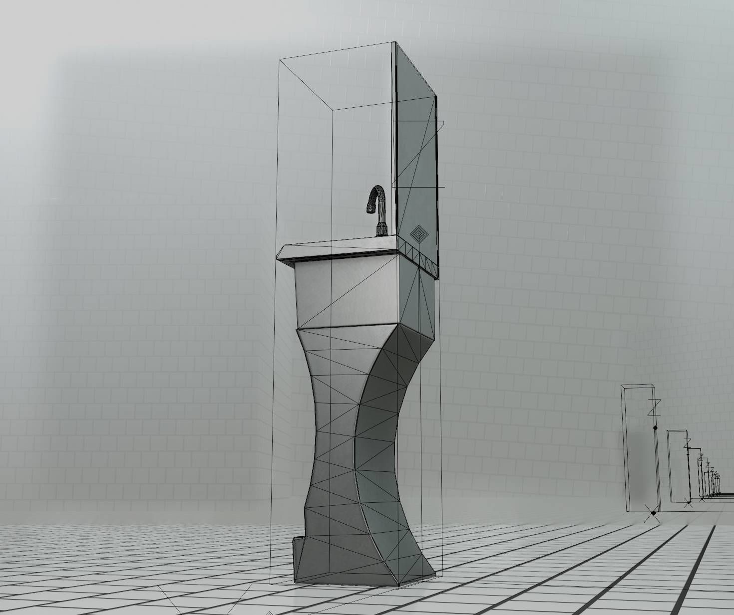 Futuristic Public Metal Sink - 24 - with Mirror Low-poly 3D model_47