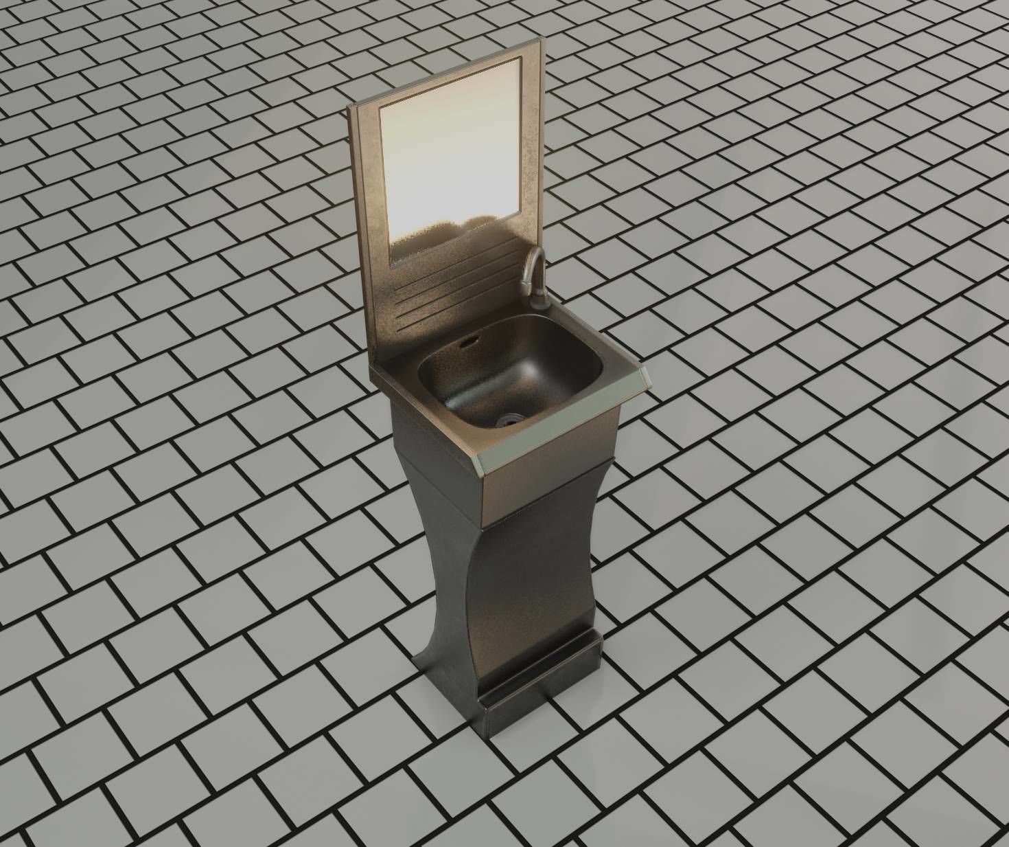 Futuristic Public Metal Sink - 24 - with Mirror Low-poly 3D model_8