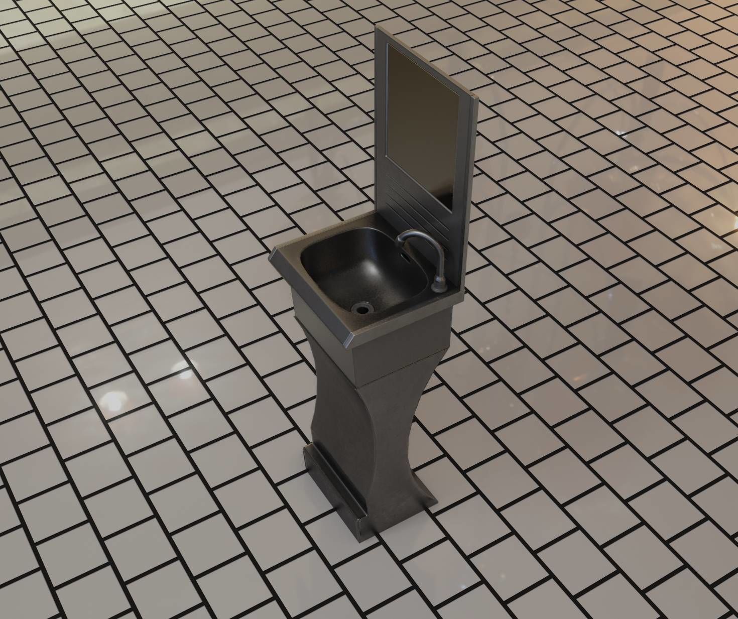 Futuristic Public Metal Sink - 24 - with Mirror Low-poly 3D model_12
