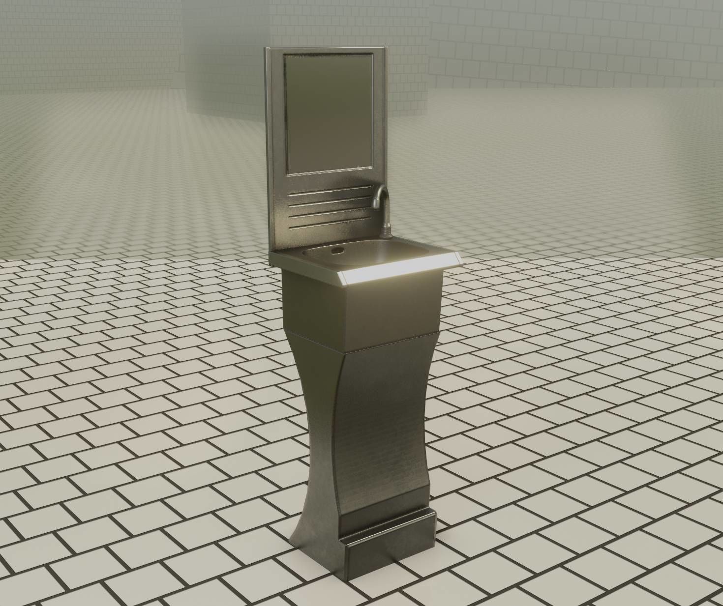 Futuristic Public Metal Sink - 24 - with Mirror Low-poly 3D model_41