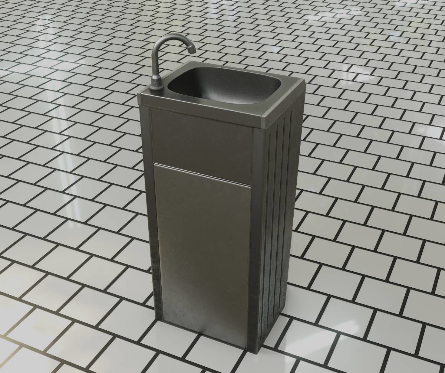 Public Metal Sink - 16 - with Trashcan Low-poly 3D model_87