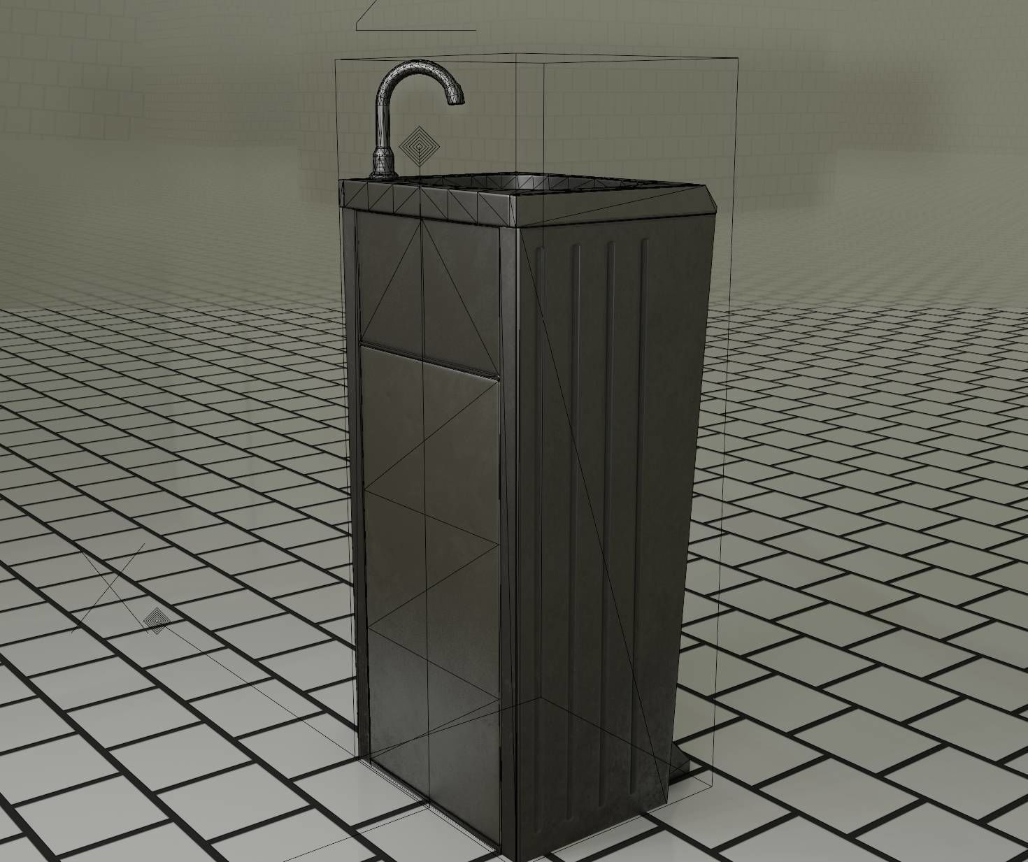 Public Metal Sink - 16 - with Trashcan Low-poly 3D model_98
