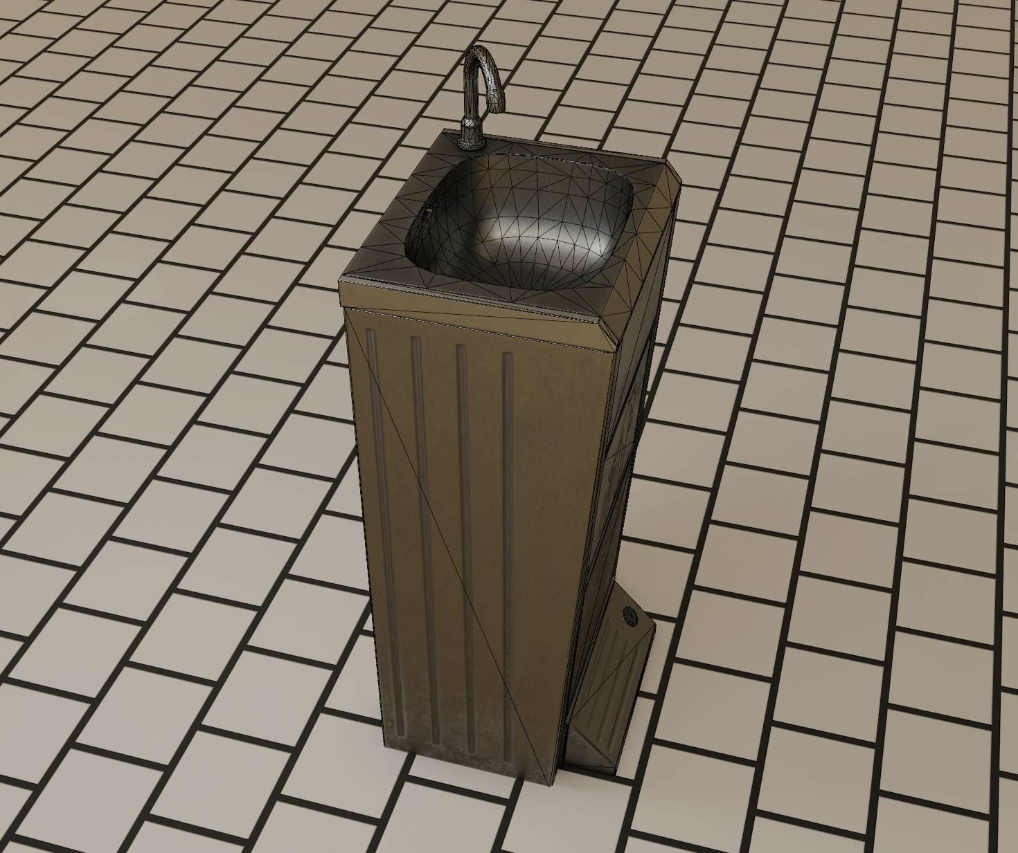 Public Metal Sink - 16 - with Trashcan Low-poly 3D model_59