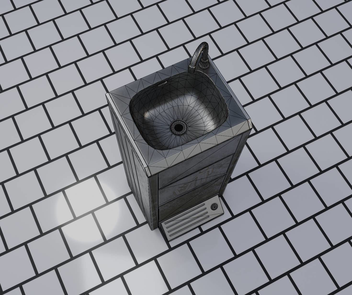 Public Metal Sink - 16 - with Trashcan Low-poly 3D model_83