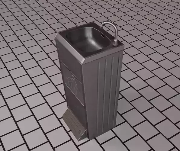 Public Metal Sink - 16 - with Trashcan Low-poly 3D model